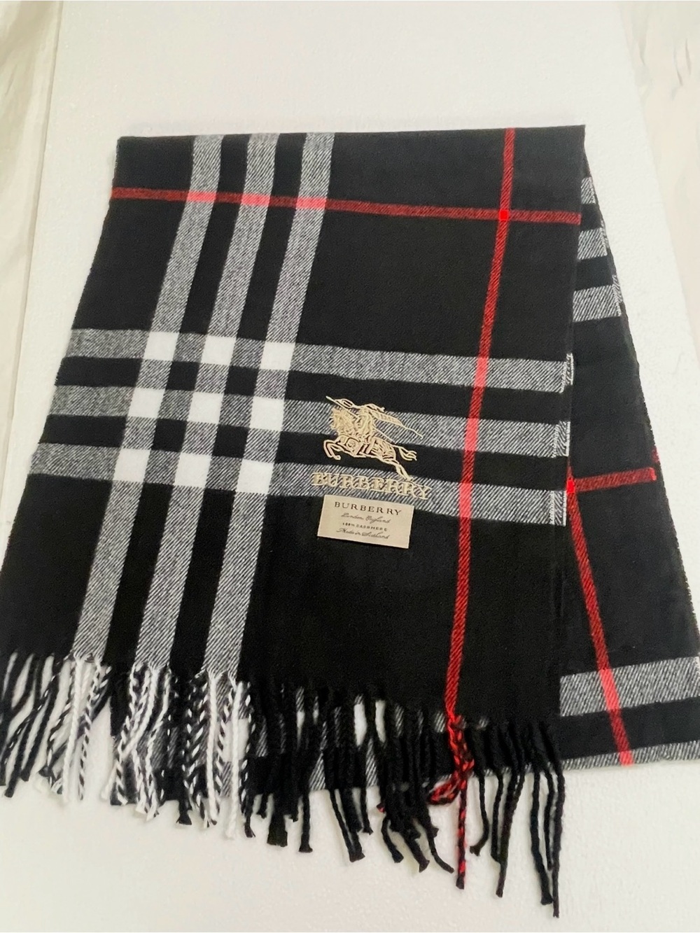Burberry Black Plaid Wool Scarf with Red Accent